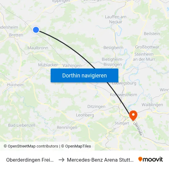 Oberderdingen Freibad to Mercedes-Benz Arena Stuttgart map