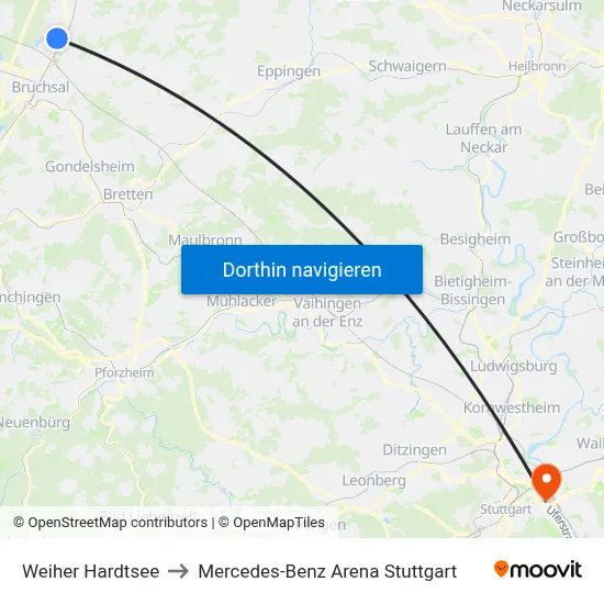 Weiher Hardtsee to Mercedes-Benz Arena Stuttgart map