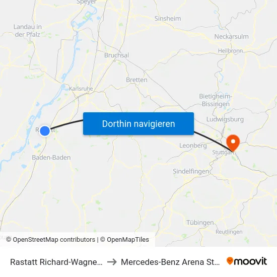 Rastatt Richard-Wagner-Ring to Mercedes-Benz Arena Stuttgart map