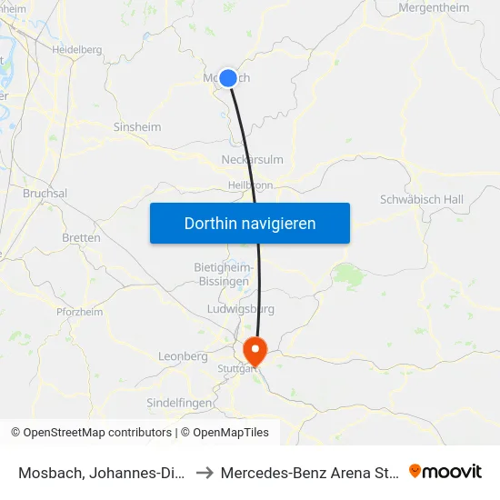 Mosbach, Johannes-Diakonie to Mercedes-Benz Arena Stuttgart map
