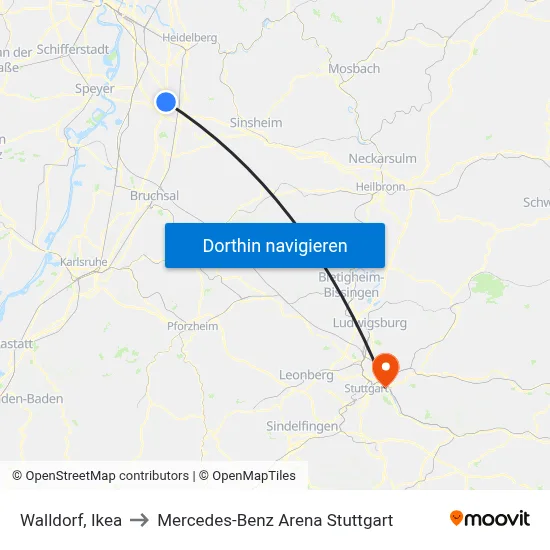 Walldorf, Ikea to Mercedes-Benz Arena Stuttgart map