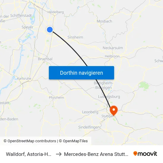 Walldorf, Astoria-Halle to Mercedes-Benz Arena Stuttgart map