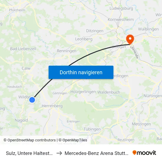 Sulz, Untere Haltestelle to Mercedes-Benz Arena Stuttgart map