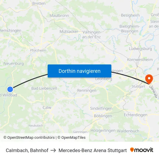 Calmbach, Bahnhof to Mercedes-Benz Arena Stuttgart map
