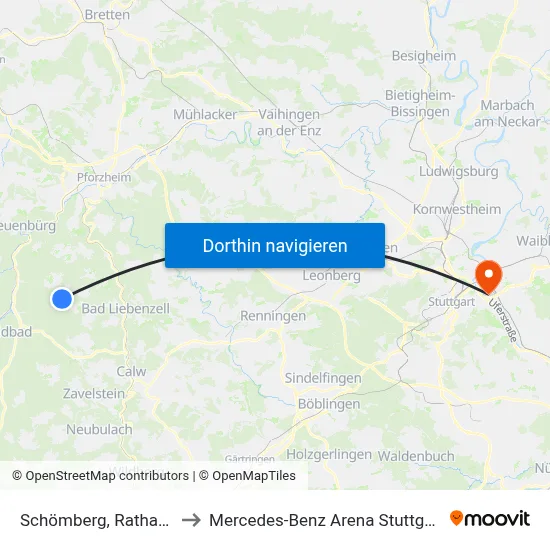 Schömberg, Rathaus to Mercedes-Benz Arena Stuttgart map