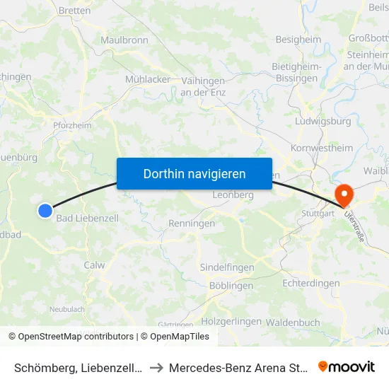 Schömberg, Liebenzeller Str. to Mercedes-Benz Arena Stuttgart map