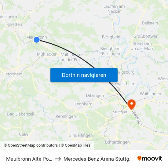Maulbronn Alte Post to Mercedes-Benz Arena Stuttgart map
