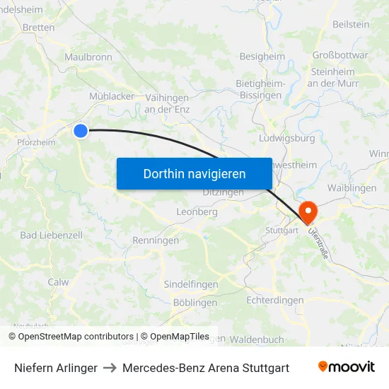 Niefern Arlinger to Mercedes-Benz Arena Stuttgart map