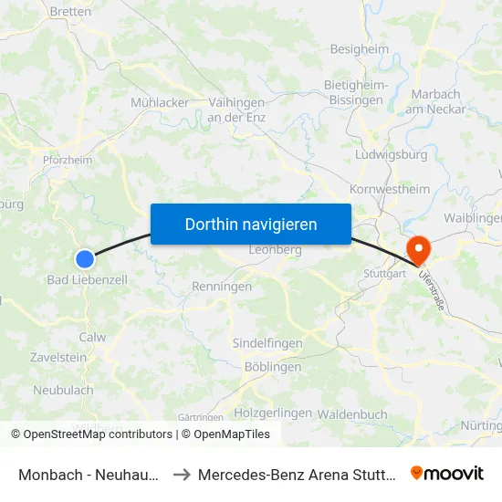 Monbach - Neuhausen to Mercedes-Benz Arena Stuttgart map