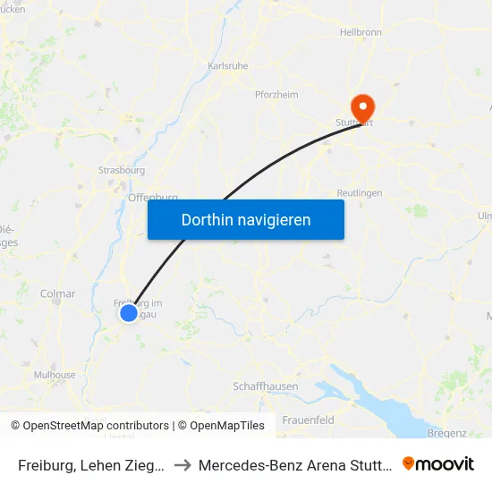 Freiburg, Lehen Ziegelei to Mercedes-Benz Arena Stuttgart map