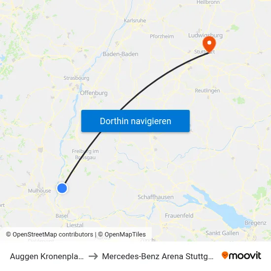 Auggen Kronenplatz to Mercedes-Benz Arena Stuttgart map