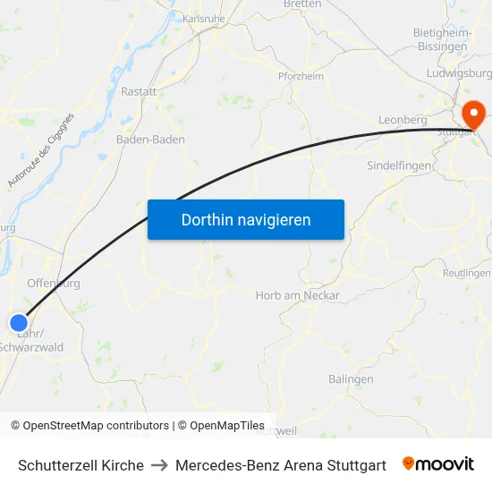 Schutterzell Kirche to Mercedes-Benz Arena Stuttgart map