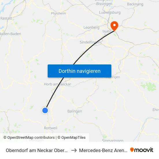 Oberndorf am Neckar Oberndorf Talplatz to Mercedes-Benz Arena Stuttgart map