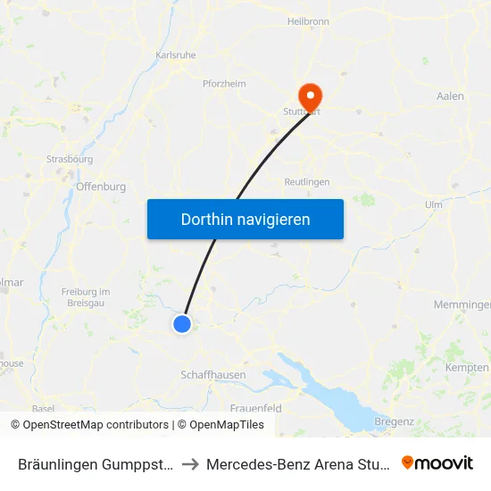 Bräunlingen Gumppstraße to Mercedes-Benz Arena Stuttgart map