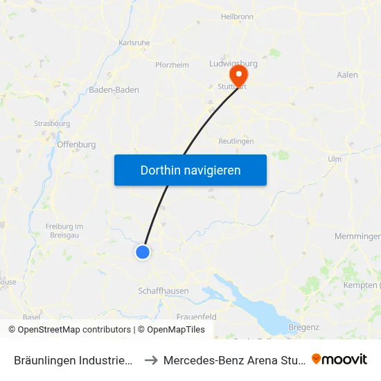 Bräunlingen Industriegebiet to Mercedes-Benz Arena Stuttgart map