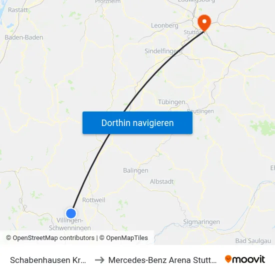 Schabenhausen Krone to Mercedes-Benz Arena Stuttgart map