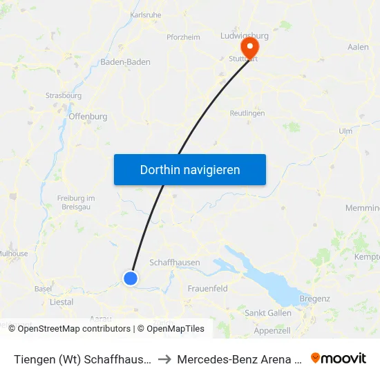 Tiengen (Wt) Schaffhauser Straße to Mercedes-Benz Arena Stuttgart map