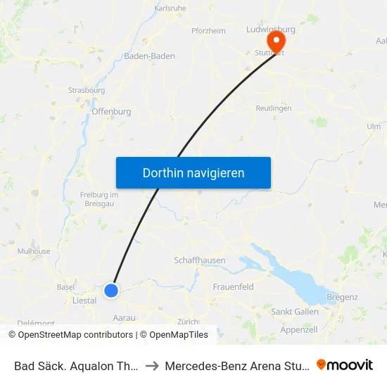 Bad Säck. Aqualon Therme to Mercedes-Benz Arena Stuttgart map