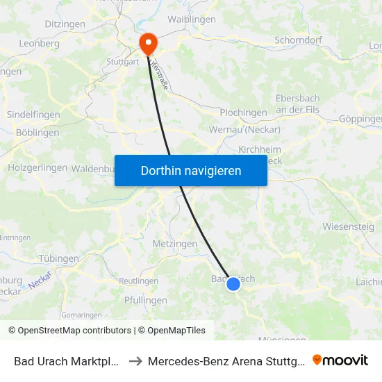 Bad Urach Marktplatz to Mercedes-Benz Arena Stuttgart map