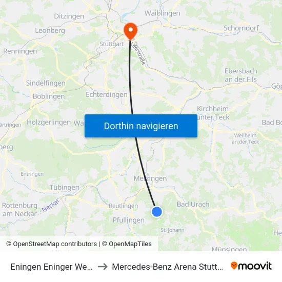 Eningen Eninger Weide to Mercedes-Benz Arena Stuttgart map