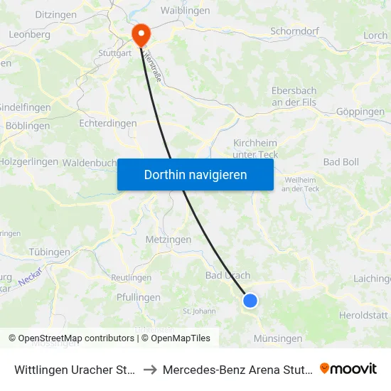 Wittlingen Uracher Straße to Mercedes-Benz Arena Stuttgart map