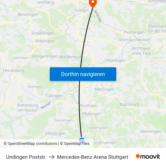 Undingen Poststr. to Mercedes-Benz Arena Stuttgart map