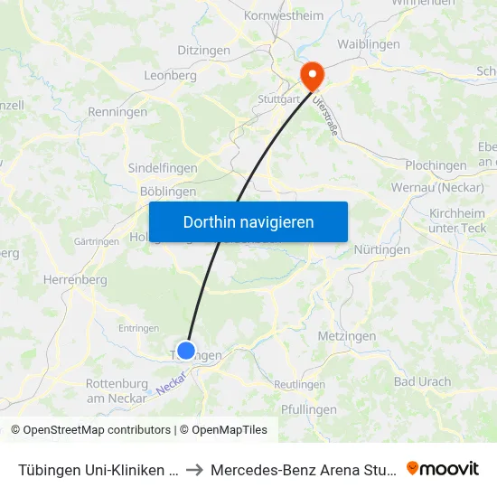 Tübingen Uni-Kliniken Berg to Mercedes-Benz Arena Stuttgart map