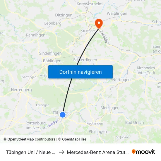 Tübingen Uni / Neue Aula to Mercedes-Benz Arena Stuttgart map