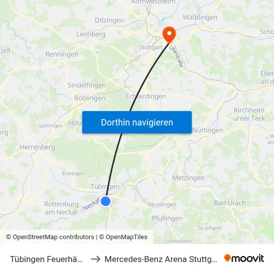 Tübingen Feuerhägle to Mercedes-Benz Arena Stuttgart map