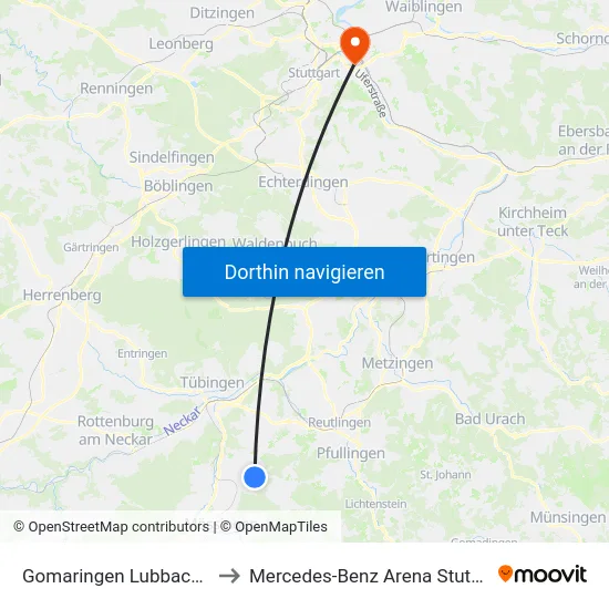 Gomaringen Lubbachstr. to Mercedes-Benz Arena Stuttgart map