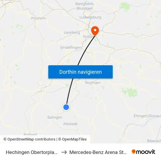 Hechingen Obertorplatz Ost to Mercedes-Benz Arena Stuttgart map