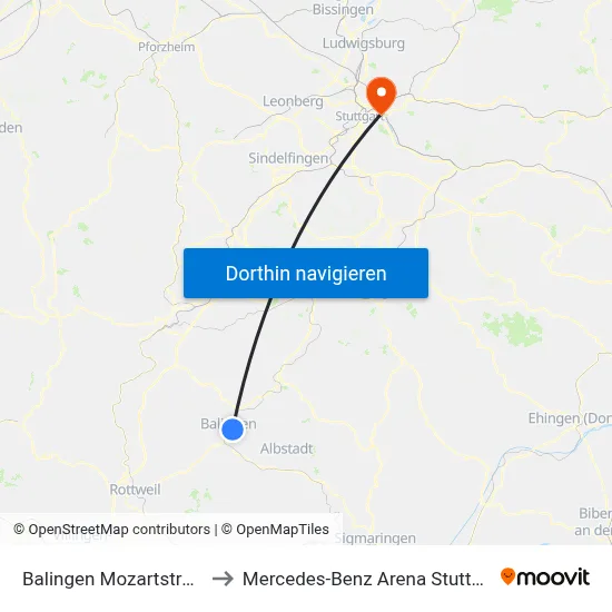 Balingen Mozartstraße to Mercedes-Benz Arena Stuttgart map