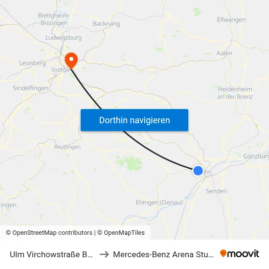 Ulm Virchowstraße Bstg B to Mercedes-Benz Arena Stuttgart map