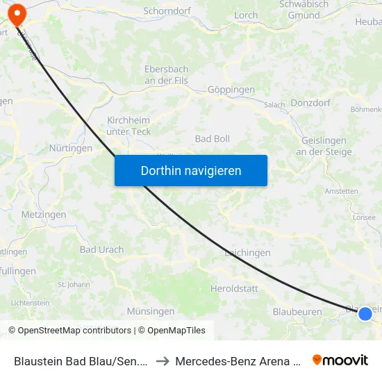 Blaustein Bad Blau/Sen.Zentrum to Mercedes-Benz Arena Stuttgart map