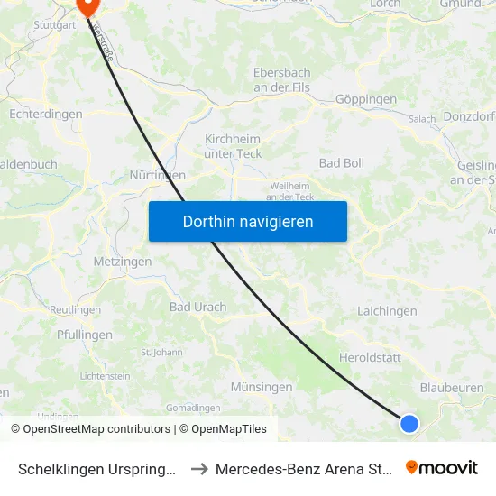 Schelklingen Urspringschule to Mercedes-Benz Arena Stuttgart map
