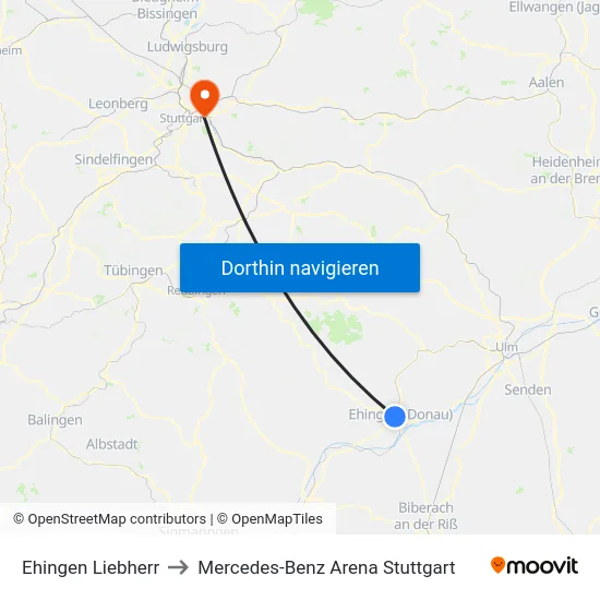 Ehingen Liebherr to Mercedes-Benz Arena Stuttgart map