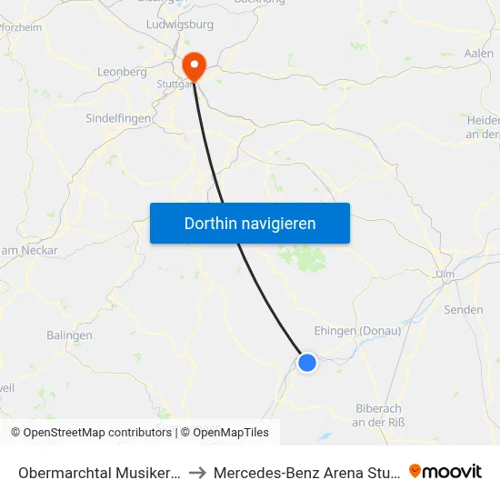 Obermarchtal Musikerheim to Mercedes-Benz Arena Stuttgart map