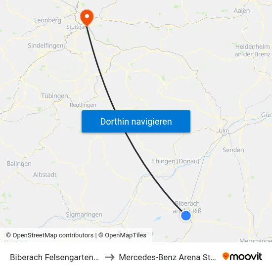 Biberach Felsengartenstraße to Mercedes-Benz Arena Stuttgart map