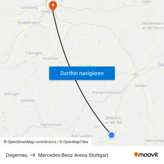 Degernau to Mercedes-Benz Arena Stuttgart map