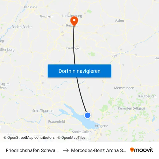 Friedrichshafen Schwabstraße to Mercedes-Benz Arena Stuttgart map