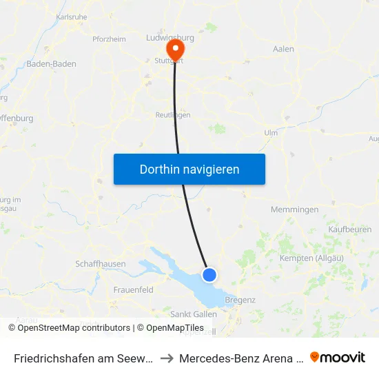 Friedrichshafen am Seewald Bstg 1 to Mercedes-Benz Arena Stuttgart map