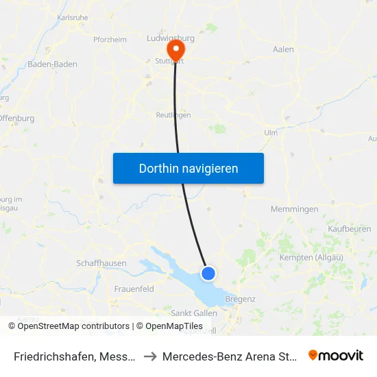 Friedrichshafen, Messe P45 to Mercedes-Benz Arena Stuttgart map