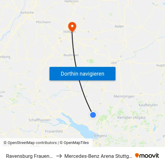 Ravensburg Frauentor to Mercedes-Benz Arena Stuttgart map