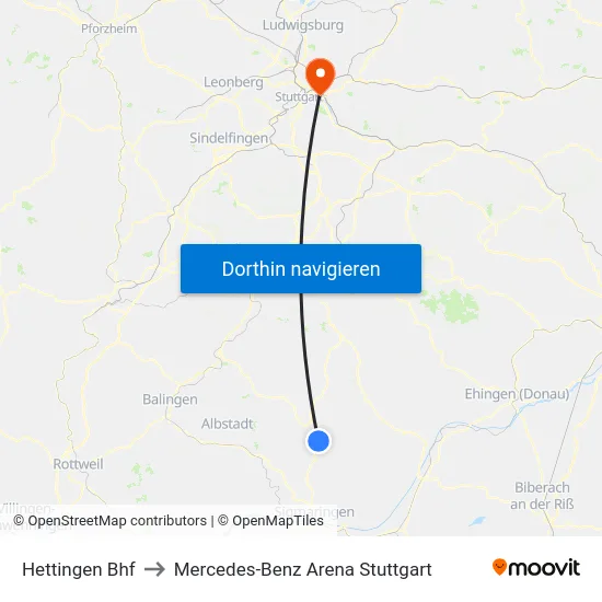 Hettingen Bhf to Mercedes-Benz Arena Stuttgart map