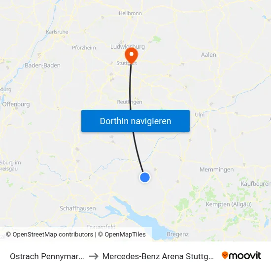 Ostrach Pennymarkt to Mercedes-Benz Arena Stuttgart map
