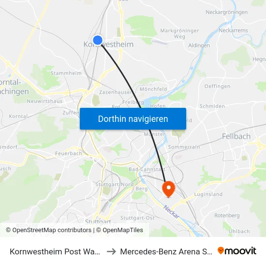 Kornwestheim Post Waypoint 1 to Mercedes-Benz Arena Stuttgart map