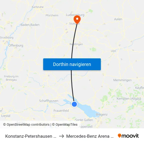 Konstanz-Petershausen Bahnhof to Mercedes-Benz Arena Stuttgart map