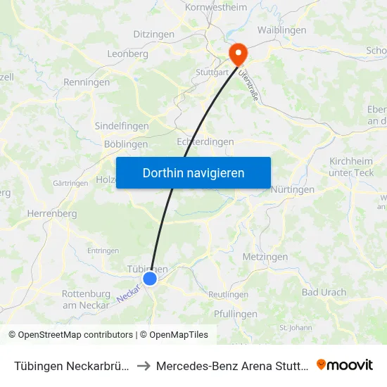 Tübingen Neckarbrücke to Mercedes-Benz Arena Stuttgart map