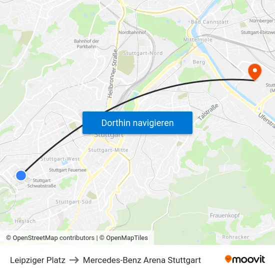 Leipziger Platz to Mercedes-Benz Arena Stuttgart map