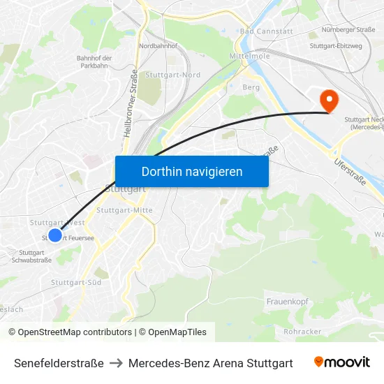 Senefelderstraße to Mercedes-Benz Arena Stuttgart map